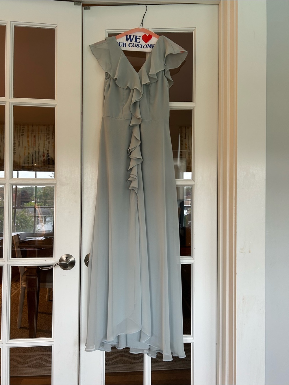 Dessy Collection Light Gray Ruffle V-Neck Floor-Length Dress